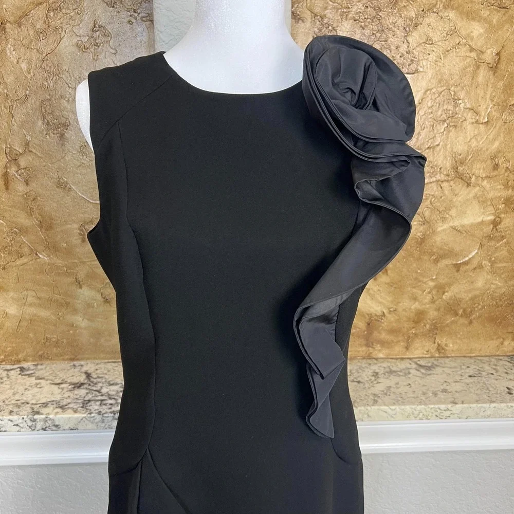 Teri Jon‎ Rickie Freeman Dress Womens 10 Black Sleeveless Ruffle Silk Cocktail